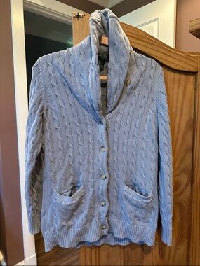 Ralph Lauren Pale Blue Cable Knit Shawl-Collar Cardigan